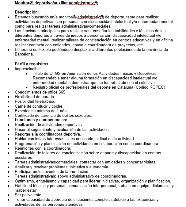 Oferta Empleo: Monitor@ deportivo / apoyo administrativ@
